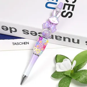 DIY beadable pen with colorful acrylic heart flower and cute rabbit charms, gradient purple.