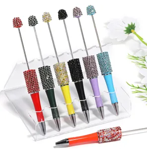 DIY rhinestone beadable ballpoint pen set with acrylic display stand, colorful crystal pens.