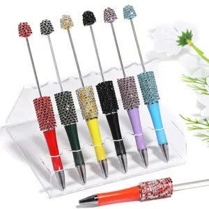 Handmade DIY Beaded Ballpoint Pen Plastic Twist Action Writing Pen with Luxury Rhinestone Claw Chain Decoration for Office School Stationery Gift