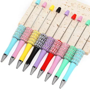 DIY beadable ballpoint pens with colorful pearl and rhinestone chain decoration, plastic pens