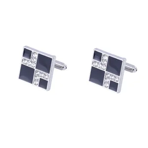Boutons de manchette géométriques pour hommes, cristaux et émail noir pour chemises.
