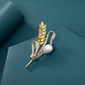 Elegant wheat ear brooch with sparkling zircon and pearl drop, perfect accessory for suits.