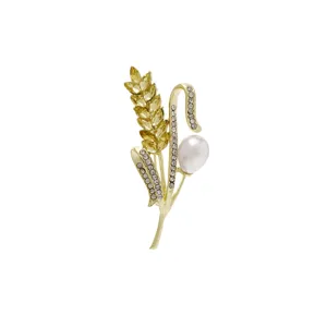 Elegant wheat ear pearl brooch featuring yellow crystal and sparkling rhinestone embellishment