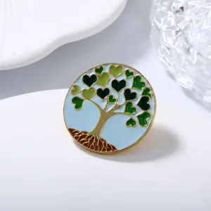 Round tree of life brooch alloy oil dropping green heart leaves metal pin fashion badge accessories