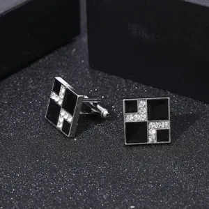 Boutons de manchette carrés géométriques élégants pour hommes avec émail noir et strass.