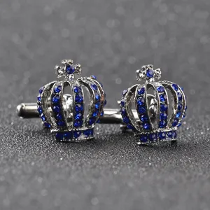 Boutons de manchette élégants en métal forme couronne avec strass bleus style français