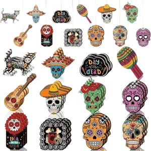 Mexican Day of the Dead wooden hanging ornaments set with colorful skull designs