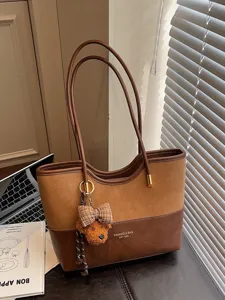 Retro Patchwork Tote Bag For Women Large Capacity PU Leather Shoulder Bag With Bear Charm Office School Shopping Bag