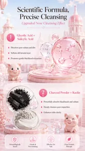 Close-up of charcoal and kaolin clay ingredients for deep blackhead nose cleansing