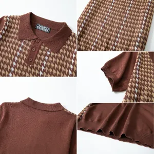 Dettagli del colletto, delle maniche e dell'orlo di una polo in maglia marrone da uomo