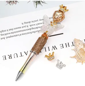Bolígrafo de cuentas DIY con corona de diamantes de imitación y mariposa, piezas metálicas.