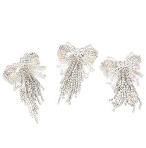 Rhinestone bow charm with beaded tassel, sparkly crystal DIY pendant for phone chain necklace.