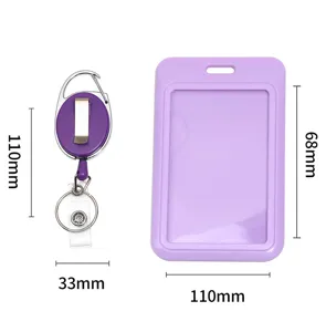 Portabadge in acrilico viola con set di bobine per badge dimensioni dettagliate, resistente.