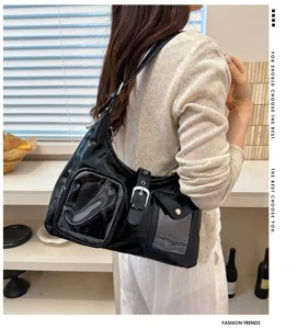 Black patent leather shoulder bag with clear pockets, trendy hobo handbag for women style
