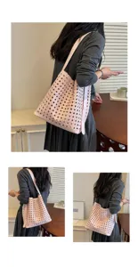 Sac cabas tissé rose pour femmes, sac épaule en cuir souple ajouré, grand sac de transport.