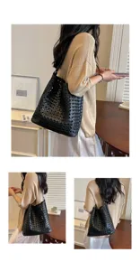 Sac seau élégant en cuir tressé noir pour femmes, grande capacité, sac à bandoulière décontracté.