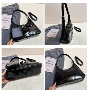 Black patent leather shoulder bag with transparent card pockets, trendy niche crossbody ita bag.