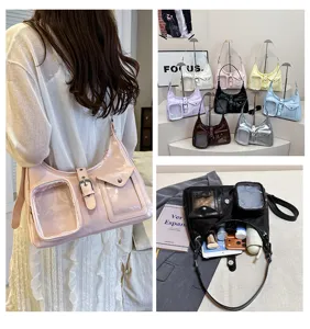 Women PU leather shoulder bag clear front pocket crossbody tote bag for daily use