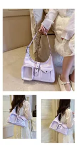 Glossy light purple shoulder bag with front transparent pocket and stylish design for daily wear.