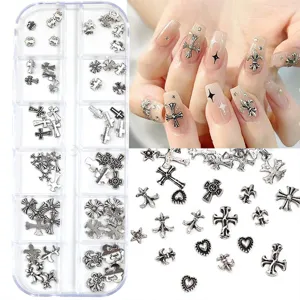 Metalen legering nail art charms set punk kruis hart ontwerpen 3D zilver manicure doos