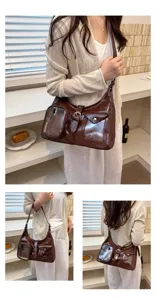 Brown glossy shoulder bag with clear front pockets, stylish designer ita bag for women.
