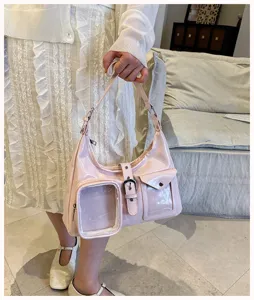 Pink patent leather shoulder bag with clear front pocket casual fashion tote bag for daily use