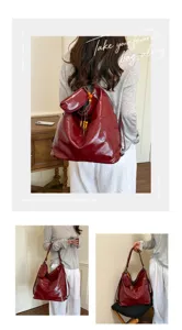 Wine red PU leather convertible backpack detail showing versatile straps and wooden bead charm.