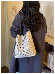 Sac cabas en cuir tissé creux blanc, sac à bandoulière élégant de grande capacité pour femme
