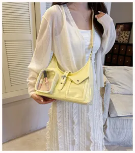 Yellow patent leather shoulder bag with clear front pocket chic hobo crossbody tote bag