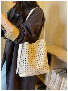 Sac cabas en cuir souple ajouré style coréen, grand sac porté épaule pour femmes navettage.