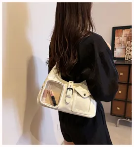 White PU leather shoulder bag with transparent window, stylish daily crossbody bag.