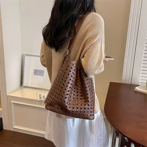 Sac cabas en cuir tressé marron élégant pour femme, grand sac bandoulière décontracté travail