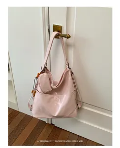 Pink PU leather convertible backpack and shoulder bag for women, stylish commute daily tote.