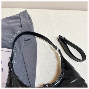 Black patent leather shoulder bag stylish minimalist crossbody bag trendy tote handbag detail