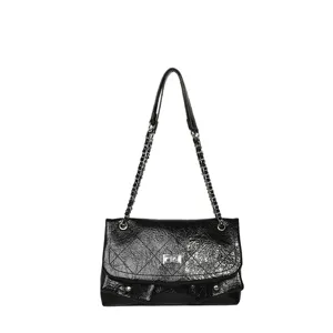 Borsa a tracolla nera trapuntata con catena da donna, elegante borsa messenger in vernice.