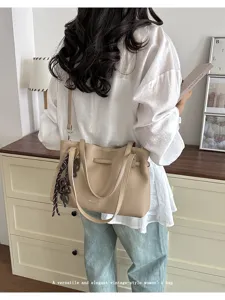 Borsa shopper in pelle PU beige da donna, grande borsa a spalla vintage, borsa casual per il lavoro.