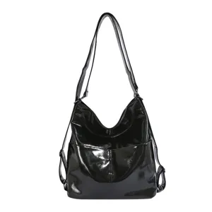 Black PU leather convertible backpack crossbody bag women daily commute tote shoulder bag.