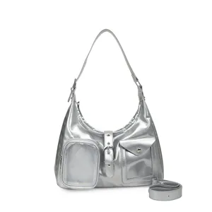 Silver metallic shoulder bag with clear front pocket, trendy crossbody purse and ita bag style.