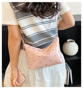 Korean style pink studded women shoulder bag versatile chic crossbody hobo bag for commuting.
