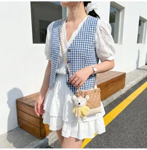 Korean cute rhinestone bucket bag with metal chain and lovely bear pendant for women.