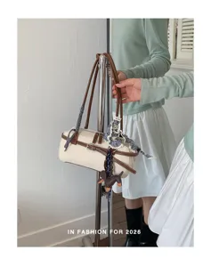 Retro mini bowling handbag with cute puppy charm and plaid scarf accessory for women detail view