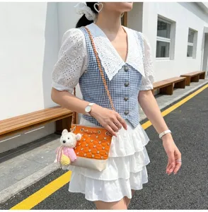 Korean cute rhinestone bucket bag women stylish PU leather shoulder crossbody bag with bear charm