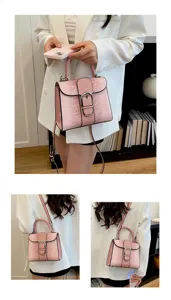 Pink crocodile pattern leather handbag, elegant Kelly style top handle shoulder crossbody bag for women.