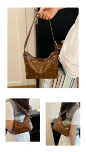 Chic brown patent leather shoulder bag with cool metal studs trendy hobo bag for women