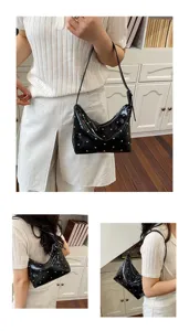 Korean style black patent leather shoulder bag with chic metal studs for stylish daily commute use.