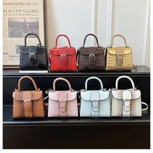 Retro crocodile pattern women handbag, stylish Kelly shoulder bag with top handle and metal lock.