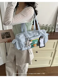 Japanese style ita shoulder bag with clear window star pattern cute casual tote bag blue