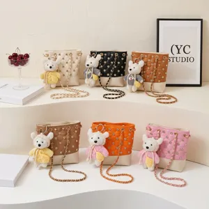Small Crossbody Bucket Bag For Women Rhinestone Quilted PU Leather Handbag Cute Bear Pendant Fashion Commuter Shoulder Bag