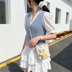 Korean style fashion women crossbody bucket bag with chain strap and cute bear charm main view