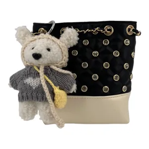 Korean style rhinestone bucket bag with cute fluffy bear keychain, trendy black and white design.